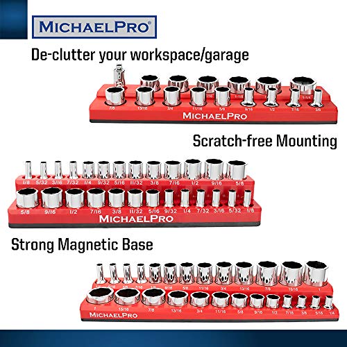 MichaelPro MP014003 3-Pc Magnetic Socket Organizer- 1/4-inch, 3/8-Inch & 1/2-Inch Drive Magnetic Socket Holder Kit in SAE, Professional Grade Socket Organizers for Toolboxes/Cabinets (SAE), Red - size: SAE