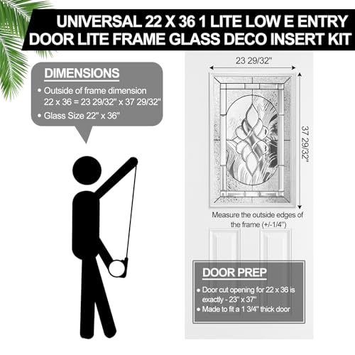 Pushglossy 22 x 36 Entry Door Glass Insert White Exterior Front Door Window Inserts Replacement Kit for Home Improvement (Low-e Glass,Nickel Caming) - size: 22 x 36, style: Nickel Caming