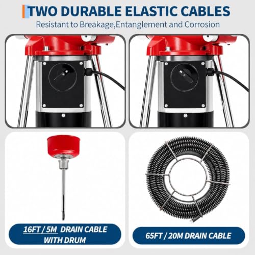 500W 400 RPM Auto Feed Electric Drain Cleaner Machine (66FT x 5/8" + 16FT x 3/8", Red) - color: Red