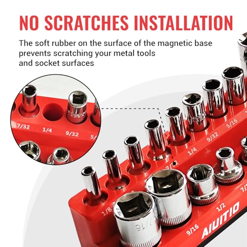 AIUITIO 6-Piece Magnetic Socket Organizer Set, Magnetic Socket Holder Includes 1/4", 3/8", 1/2" Drive Metric SAE Socket Trays,Holds Standard and Deep Sockets - size: Magnetic Design