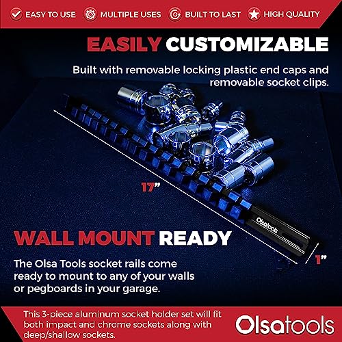 Olsa Tools 3-sets Socket Organizer Rail with Locking Caps, Black - color: Black, size: 3pc, 1/4, 3/8, & 1/2-Inch Drive