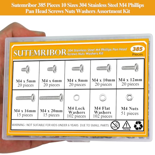 385 Pieces M4 Machine Screws Nuts Washers Set, Sutemribor M4 x 5/6/8/10/12/16/20mm Phillips Pan Head Machine Screws Nuts Washers Assortment Kit, 304 Stainless Steel, Fully Threaded - size: M4, style: Phillips Pan Head