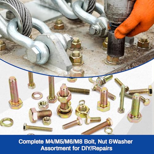 1020Pcs Grade 8.8 Metric Bolt Assortment Kit, M4 M5 M6 M8 Heavy Duty Hex Bolts & Nuts with Washers,Yellow Zinc Plated(12-30mm), Automotive/Furniture Hardware,Assorted Metric Fasteners for DIY & Repair