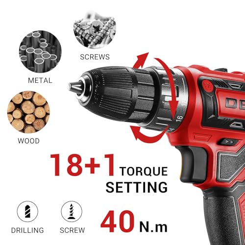 Power Drill Cordless: DEKO PRO Cordless Drill 20V Electric Power Drills Set Tool for Women with Battery and Charger 20 Volt Drills Driver Kit Red - color: Red