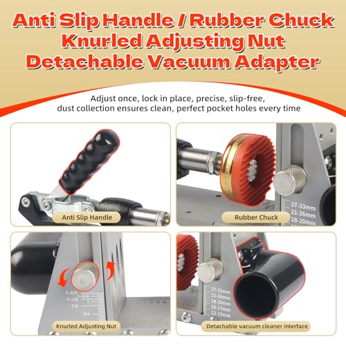Pocket Hole Jig Kit with Vacuum Dust Collection, All-Metal Pocket Screw Jig with 3/8" Step Drill Bit, Depth Stop Collar, Adjustable Thickness for Woodworking Joinery, Cabinet Building