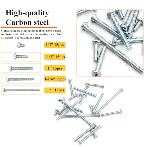 75 Pcs 5Sizes #6-32 Machine Screws Knob Screw Cabinet Screws Electricians Blots, Carbon Steel Zinc-Plated Phillips Pan Head Machine Screw Assortment Kit - size: #6-32-5Size-75P
