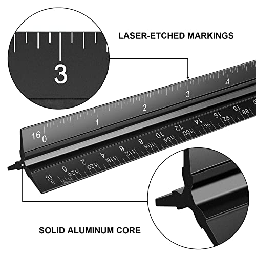 Architectural Scale Ruler, 12 Inch Aluminium Architect Scale Ruler, Imperial Metal Engineers Triangular Ruler for Architects, Students and Draftsmen, Laser Etched Markings - color: Black
