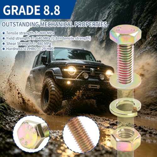 1100cs Grade 8.8 Metric Bolts and Nuts Assortment Kit, M4, M5, M6, M8, M10 Heavy Duty Hex Bolts and Nuts Kit, Assorted Nuts, Bolts, Flat & Lock Washers, Yellow Zinc Plated, Length from 12-40 mm - size: 1100PCS M4, M5, M6, M8, M10