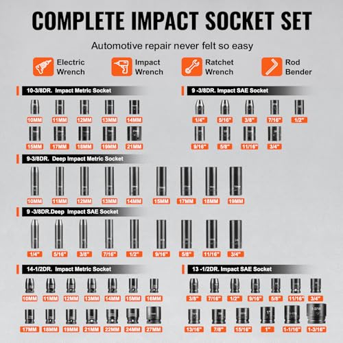 VEVOR Impact Socket Set 130 Piece 3/8" & 1/2" - SAE & Metric Drive Socket Set - 6 Point Cr-Mo Alloy Steel for Auto Repair - Easy-to-Read Size Markings - Includes Storage Case - size: 1/2" 3/8" 130 PCS