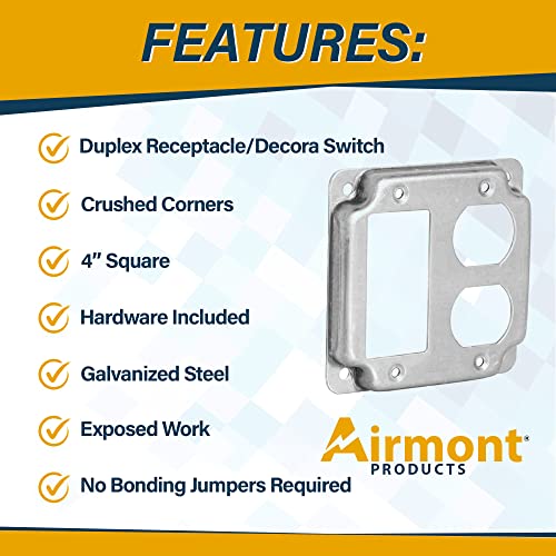Pack of Box and Cover 4'' Square Electrical Box, 1 Rocker Switch, 1 Duplex Receptacle Exposed Work Cover, Crushed Corners, Welded Construction, Ten 1/2'' and Six TKO Knockouts, Raised Ground, 2-1/8'' - size: Rocker / Duplex