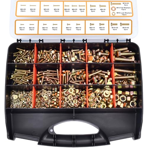 VIGRUE 1045PCS Grade 8.8 Metric Bolts and Nuts Assortment, M4 M5 M6 M8 M10 Bolt Assortment, Heavy Duty Zinc Plated, Length from 12mm - 30mm - size: 1045PCS M4 M5 M6 M8 M10 Bolts