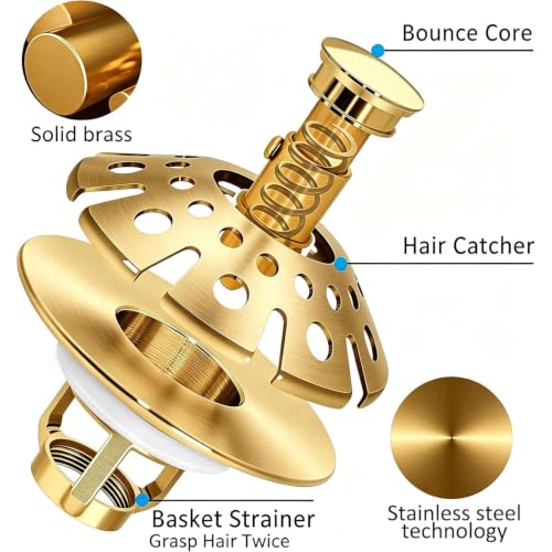 AzWzz Bathroom Sink Drain Strainer, 3 in 1 Pop Up Bathroom Sink Stopper - color: Brushed Gold