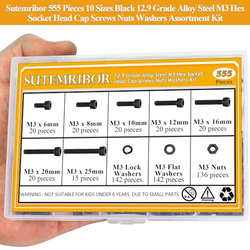 555 Pieces M3 Screws Nuts Washers Set Black, Sutemribor M3 x 6/8/10/12/16/20/25mm Hex Socket Head Cap Screws Nuts Washers Assortment Kit, 12.9 Grade Alloy Steel, Fully Threaded - size: M3 x 6-25mm, style: Socket Head