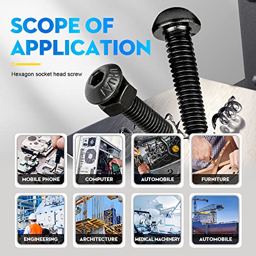 NINDEJIN Metric M4 Button Head Socket Cap Bolts Screws Set, M4x5/6/8/10/12/14/16/18/20 mm Screws Bolts and Nuts Assortment Kit, 362 Pcs Allen Hex Drive, Black Oxide, 10.9 Carbon Steel, Fully Threaded - size: 326Pcs M4 5mm-20mm