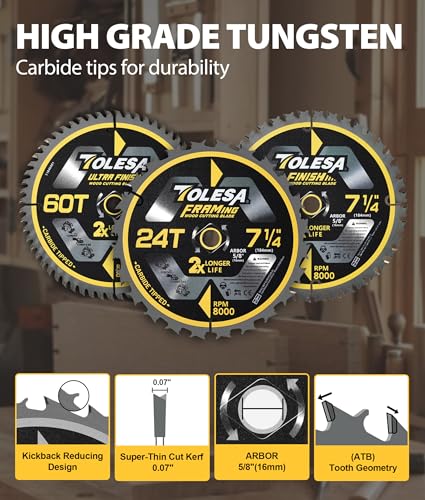 TOLESA 7-1/4 Circular Saw Blades, 24/40/60T for Woodworking, 3-Pack - size: 7-1/4'', style: 24/40/60T