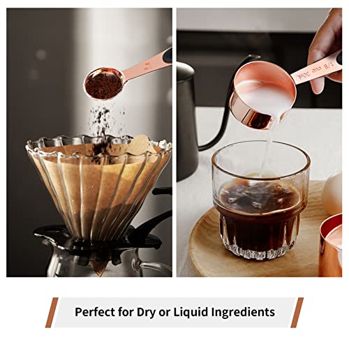 Joyhill Copper Measuring Cups and Spoons Set of 10 Piece, Stainless Steel Nesting Measuring Cup Set with Soft Touch Silicone Handles for Dry and Liquid Ingredients - color: e)Rose gold-Black