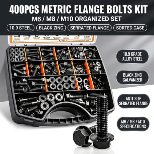 mankk 400PCS Metric Flange Bolts Nuts Washers Auto Fasteners - color: Black-400PCS M6 M8 M10