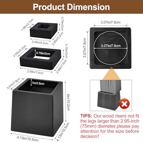 Wooden Bed Risers 4 Inch Heavy Duty, Support 2500 lbs, Black - color: Black, size: 4"H(Inner 3"H)