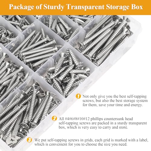 545 Pieces #4#6#8#10#12 Wood Screws Set, Phillips Countersunk Head #4#6#8#10#12 Self-Tapping Screws Assortment Kit, 304 Stainless Steel - size: Wood Screws Kit (#4#6#8#10#12), style: Phillips Countersunk Head