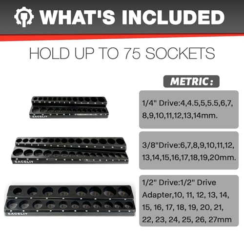 EACELIY Magnetic Socket Organizer Set,Metric Socket Holder Kit, Socket Trays，holds 75 Deep and Shallow 3/8" Sockets(sockets not included) 丨3Pcs 1/2", 1/4" and 3/8" （Black） - size: 3PCS Metric 1/2&3/8&1/4