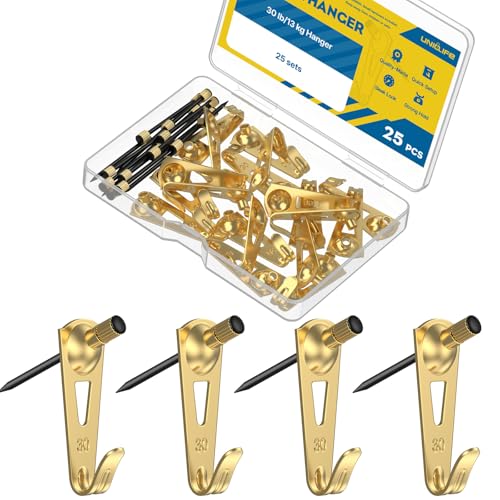 Uniclife 25 Pcs 30 lb Heavy Duty Picture Hangers for Drywall & Wood, Picture Hanging Hooks with Nails, Picture Hanging Hardware, Frame Hooks Picture Hooks for Hanging Photos Mirrors Paintings - size: 25 PCS, style: Gold