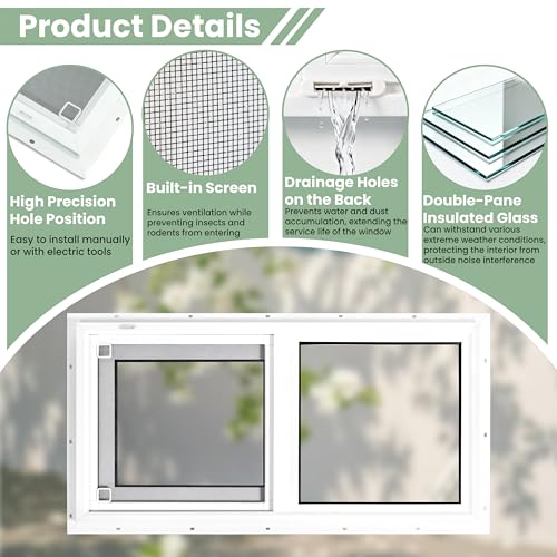 Vinyl Basement Window, Bathroom Sliding Window 32" x 22" White | Double Pane Insulated Tempered Glass and Fiberglass Screen for Basement, Bathroom, Shed - size: 32x22 IN