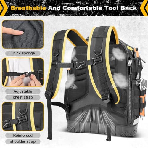 Tool Backpack Bag, Electrician Tool Bag 78-Pockets & Loops Tools Bag HVAC Tool Bags for Men, Heavy Duty Storage Construction tools Backpack (style1-Yellow)-0721 - color: Yellow