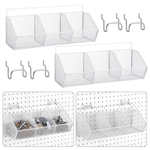Hicarer 2 Pcs Divided Pegboard Baskets with 4 Hooks, 3 Grid,White | White, Wall Mount, Metal Peg Board Organizer Accessories, Pegboard Baskets, Workbench Bathroom Garage Storage, Rust Resistant - color: White