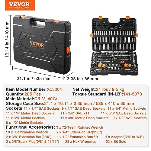 VEVOR Mechanics Tool Set, 205 Pcs SAE and Metric Sockets, 1/4" 3/8" 1/2" Drive Deep and Standard Sockets, Chrome Vanadium Steel, Polyethylene - size: 205-PCS