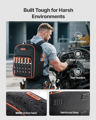 VEVOR Tool Backpack, 49 Pockets, Heavy-duty Tools Storage Organizer Work Bags Backpack with Laptop Compartment & Reinforced Fabric Base, Electrician Jobsite Backpack for Electrician, Repairman - size: 49 Pockets + Non-Rolling