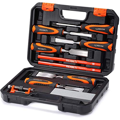REXBETI 10pcs Wood Chisel Set, Heat-Treated Cr-V Alloy Blades Chisel Set