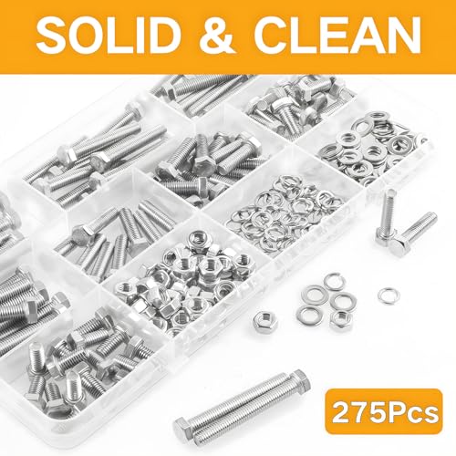 M5 Hex Cap Bolts 275Pcs Metric M5x10/12/16/20/25/30/35/40mm 304 Stainless Steel Screws External Hex Drive Heavy Duty Hexagon Cap Bolts Nuts Flat Lock Washers Assortment Kit - size: M5