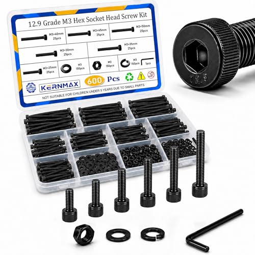 600PCS M3x25/30/35/40/45/50mm Hex Socket Head Cap Screws, Nuts & Washers Kit, Fully Threaded Long Bolts, 12.9 Grade Alloy Steel, Black Oxide, M3 Machine Screws for Furniture & Repairs - size: M3 600pcs