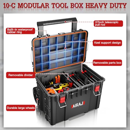 AIRAJ Rolling Tool Box with Wheels Heavy Duty, Stackable Tool Box Organizer