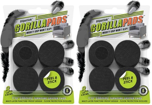 Slipstick GorillaPads CB149 Non-Slip Furniture Pads/Rubber Grippers (Set of 8) Self-Adhesive Furniture Feet Floor Protectors, 1-1/2 inch Round, Black (Pack of 2) - size: 1-1/2" Round (Pack of 2)
