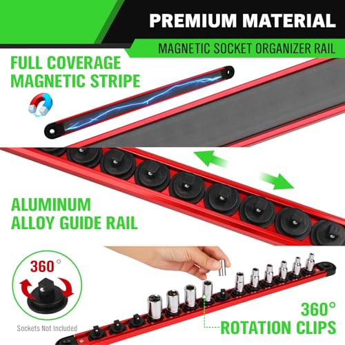 1/4-Inch Magnetic Socket Organizer Rail, Aluminum Alloy Socket Rail, Heavy Duty Sockets Holder with 14 Clips, 360° Swivel Clip Tool Tray, Sockets Organizer for Tool Box Drawer (Red) - style: Red 1/4-inch