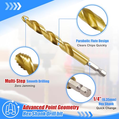 Handree 30pcs Hex Shank Stepped Point Drill Bit Set, No Pilot Hole Needed, 1/16"-1/2" for Impact Drivers, Titanium Drill Bits for Metal, Steel & Acrylic, Industrial, MRO & DIY Use - size: 30pcs Step Point Hex