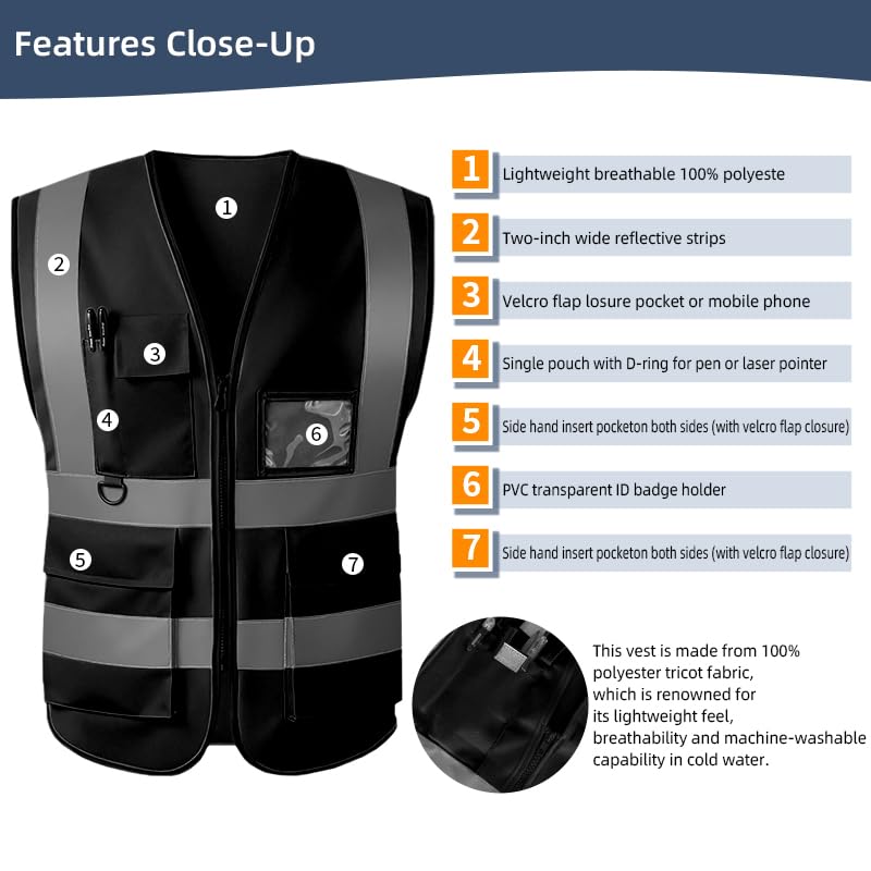 High Visibility Safety Vest with Reflective Strips & Pockets - color: Black, size: Medium