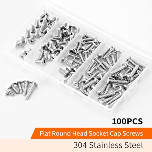M4 x 8mm 10mm 12mm 16mm 20mm Flat Round Head Hex Socket Cap Screws Bolts, Furniture Screws, 304 Stainless Steel, Allen Hex Drive, Bright Finish, Metric Fully Threaded, Assortment Kit 100PCS - size: M4 x 8/10/12/16/20mm (100PCS)