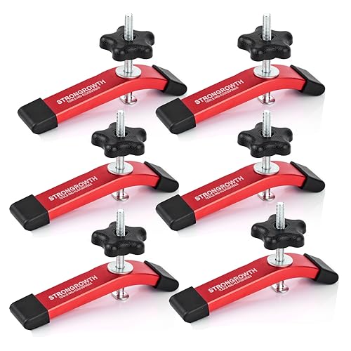 T track Hold Down Clamps - Double Cut Profile Universal T-Track Clamps, 6-3/8"L x 1-1/4"W - Woodworking and t slot clamp - Fine Sandblast Anodized - Red Color-6PK - style: T-Track Clamps 6pk