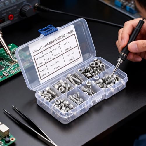 140PCS #10-32 Screws Assortment Kit, 5/16 1/4 5/8 3/8 3/4 1/2 Hex Socket Head Bolts, Nuts & Washers Assorted Set, Hex Socket Head Cap Screws Bolts Nuts Washer Kit, 304 Stainless Steel