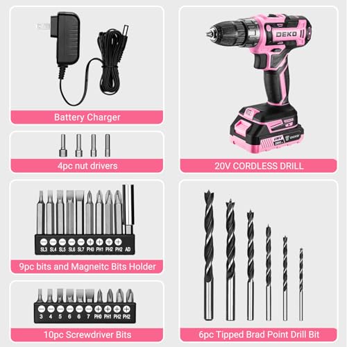 Power Drill Cordless: DEKOPRO Pink Cordless Drill 20V Electric Power Drill Set Tool for Women Drills with Battery and Charger 20 Volt Drills Driver Kit - color: Pink