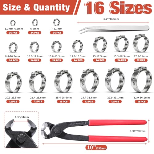 AKIHISA 300pcs 16 Sizes Single Ear Hose Clamps, 5.3-36.1mm Stainless Steel_304 Crimp Hose Clamps Cinch Rings Assortment Kit for Automotive, Pipe, Plumbing - size: 300Pcs (5.3-36.1mm)