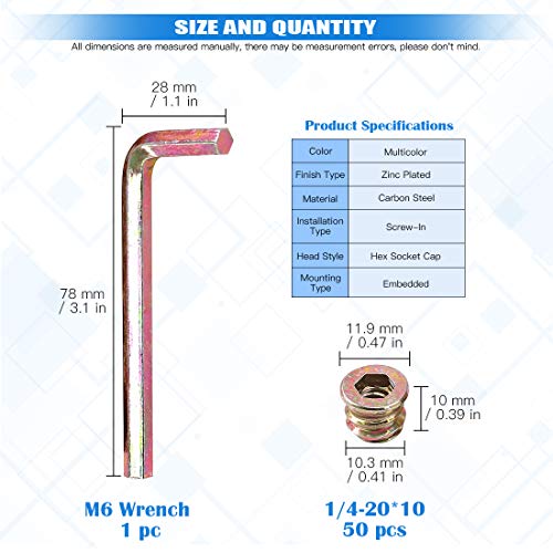 Glarks 50Pcs 1/4"-20x10mm Threaded Inserts Nuts Zinc Plated Carbon Steel Hex Socket Drive Furniture Flanged Screw-in Nut with M6 Hex Wrench for Wood Furniture (1/4"-20 x 10mm) - size: 1/4"-20 x 10mm
