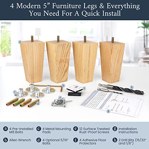 Airy Abode Premium Ash Wood Square Furniture Legs (Full Install Kit) - Pick Your Size and Color - color: Natural Ash Wood, size: 5 Inches