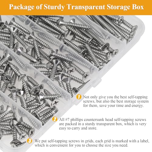 165 Pieces #7 x 1/2" 5/8" 3/4" 1" 1-1/4" Wood Screws Set, Phillips Countersunk Head #7 Self-Tapping Screws Assortment Kit, 304 Stainless Steel - size: #7, style: Phillips Countersunk Head