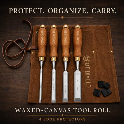 Mt Diablo Woodworking Tools 4 Piece Chisel Set - Premium CV60 Steel Wood Chisel Sets with Ergonomic Handles, Includes 1/4" 1/2" 3/4" 1" Widths - Ideal for Woodworkers - Durable Waxed Canvas Tool Roll
