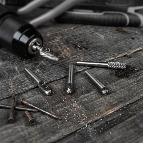 HAUTMEC 5Pcs Tungsten Carbide Rotary Burr Bit YG6, 1/4" Shank Double Cut Die Grinder Bit with Belt Pouch, Low Vibration Precision Rotary File for Metal Grinding, Engraving & Deburring (6MM), HT0453 - color: 5Pcs Set, size: 6mm