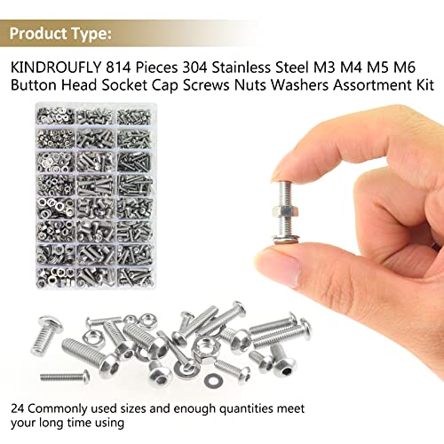 814 Pieces Button Head Socket Cap Screws Nuts Washers Kit, Kindroufly M3 M4 M5 M6 Screw Assortment Kit, Metric Screw Set, Bolts and Nuts, Machine Screws, 304 Stainless Steel, Fully Machine Thread - size: M3/M4/M5/M6, style: Button Head