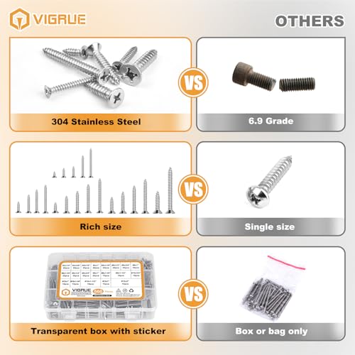 VIGRUE 560Pcs Stainless Steel Wood Screws Set #4#6#8#10#12 Phillips Countersunk Sheet Metal Screws Self Tapping Assortment Kit, Length 1/4" to 2" - style: 560pcs Flat head #4 #6 #8 #10 #12